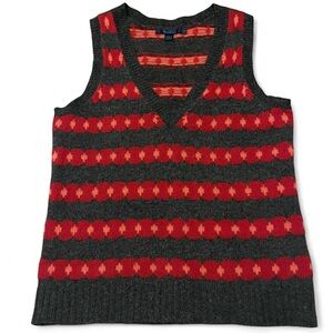 Boden v-neck 100% wool knit sweater vest striped red pink & grey winter layer